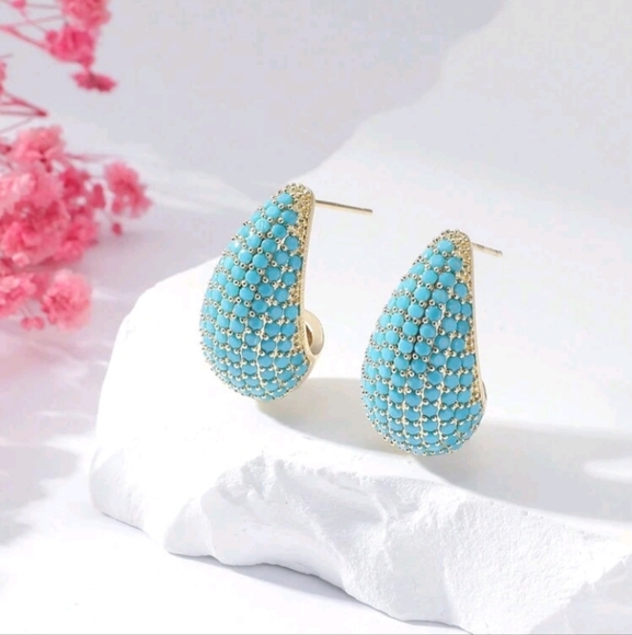 NEW! Gold Plated Turquoise Teardrop Trendy & Chic Post Earrings - Picture 2 of 4